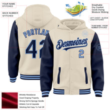 Load image into Gallery viewer, Custom Cream Navy-Light Blue Bomber Full-Snap Varsity Letterman Two Tone Hoodie Jacket
