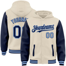 Load image into Gallery viewer, Custom Cream Navy-Light Blue Bomber Full-Snap Varsity Letterman Two Tone Hoodie Jacket
