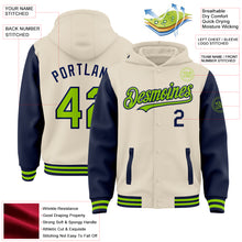 Load image into Gallery viewer, Custom Cream Neon Green-Navy Bomber Full-Snap Varsity Letterman Two Tone Hoodie Jacket
