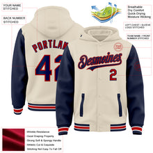 Load image into Gallery viewer, Custom Cream Navy Red-White Bomber Full-Snap Varsity Letterman Two Tone Hoodie Jacket
