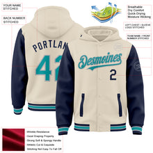 Load image into Gallery viewer, Custom Cream Teal Navy-Gray Bomber Full-Snap Varsity Letterman Two Tone Hoodie Jacket
