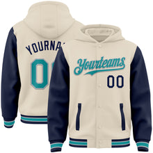 Load image into Gallery viewer, Custom Cream Teal Navy-Gray Bomber Full-Snap Varsity Letterman Two Tone Hoodie Jacket
