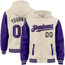 Load image into Gallery viewer, Custom Cream Purple Black-White Bomber Full-Snap Varsity Letterman Two Tone Hoodie Jacket
