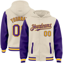 Load image into Gallery viewer, Custom Cream Purple Gold-White Bomber Full-Snap Varsity Letterman Two Tone Hoodie Jacket
