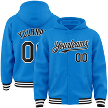 Load image into Gallery viewer, Custom Powder Blue Black-White Bomber Full-Snap Varsity Letterman Hoodie Jacket
