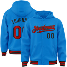 Load image into Gallery viewer, Custom Powder Blue Red-Black Bomber Full-Snap Varsity Letterman Hoodie Jacket
