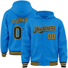 Load image into Gallery viewer, Custom Powder Blue Black-Old Gold Bomber Full-Snap Varsity Letterman Hoodie Jacket
