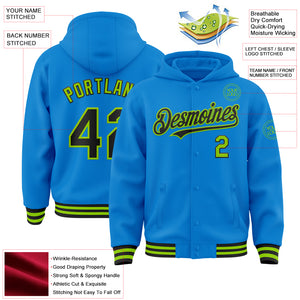 Custom Powder Blue Black-Neon Green Bomber Full-Snap Varsity Letterman Hoodie Jacket