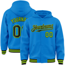 Load image into Gallery viewer, Custom Powder Blue Black-Neon Green Bomber Full-Snap Varsity Letterman Hoodie Jacket
