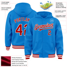 Load image into Gallery viewer, Custom Powder Blue Red-White Bomber Full-Snap Varsity Letterman Hoodie Jacket
