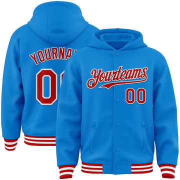 Custom Powder Blue Red-White Bomber Full-Snap Varsity Letterman Hoodie Jacket