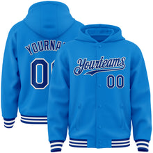 Load image into Gallery viewer, Custom Powder Blue Royal-White Bomber Full-Snap Varsity Letterman Hoodie Jacket
