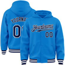 Load image into Gallery viewer, Custom Powder Blue Navy-White Bomber Full-Snap Varsity Letterman Hoodie Jacket
