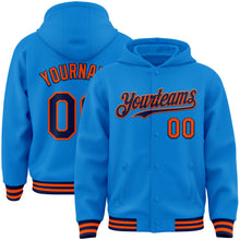 Load image into Gallery viewer, Custom Powder Blue Navy-Orange Bomber Full-Snap Varsity Letterman Hoodie Jacket
