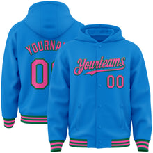 Load image into Gallery viewer, Custom Powder Blue Pink-Kelly Green Bomber Full-Snap Varsity Letterman Hoodie Jacket
