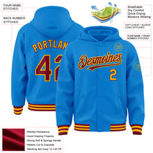 Load image into Gallery viewer, Custom Powder Blue Crimson-Gold Bomber Full-Snap Varsity Letterman Hoodie Jacket
