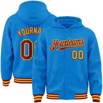 Custom Powder Blue Crimson-Gold Bomber Full-Snap Varsity Letterman Hoodie Jacket