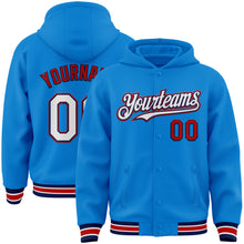 Load image into Gallery viewer, Custom Powder Blue Navy-Red Bomber Full-Snap Varsity Letterman Hoodie Jacket
