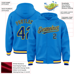 Custom Powder Blue Royal-Yellow Bomber Full-Snap Varsity Letterman Hoodie Jacket