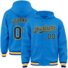 Load image into Gallery viewer, Custom Powder Blue Royal-Yellow Bomber Full-Snap Varsity Letterman Hoodie Jacket
