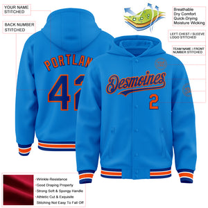 Custom Powder Blue Royal-Orange Bomber Full-Snap Varsity Letterman Hoodie Jacket