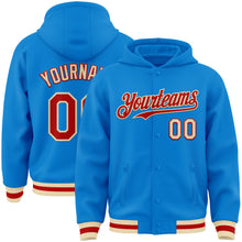 Load image into Gallery viewer, Custom Powder Blue Red-Cream Bomber Full-Snap Varsity Letterman Hoodie Jacket
