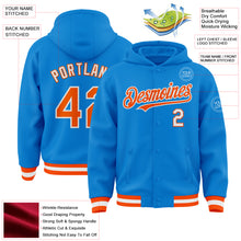 Load image into Gallery viewer, Custom Powder Blue Orange-White Bomber Full-Snap Varsity Letterman Hoodie Jacket
