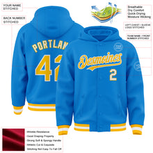 Load image into Gallery viewer, Custom Powder Blue Gold-White Bomber Full-Snap Varsity Letterman Hoodie Jacket
