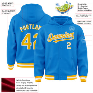 Custom Powder Blue Gold-White Bomber Full-Snap Varsity Letterman Hoodie Jacket