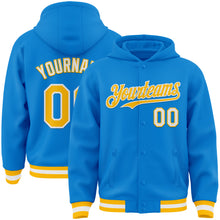 Load image into Gallery viewer, Custom Powder Blue Gold-White Bomber Full-Snap Varsity Letterman Hoodie Jacket
