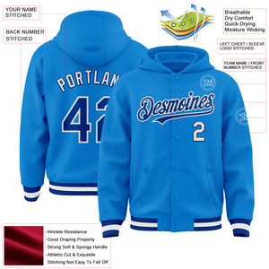 Custom Powder Blue Royal-White Bomber Full-Snap Varsity Letterman Hoodie Jacket