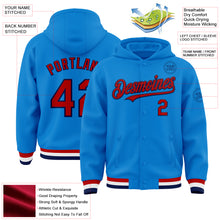 Load image into Gallery viewer, Custom Powder Blue Red-Navy Bomber Full-Snap Varsity Letterman Hoodie Jacket
