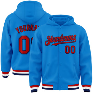 Custom Powder Blue Red-Navy Bomber Full-Snap Varsity Letterman Hoodie Jacket