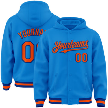 Custom Powder Blue Orange-Royal Bomber Full-Snap Varsity Letterman Hoodie Jacket