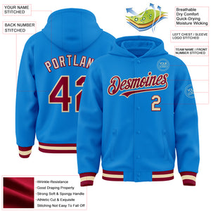 Custom Powder Blue Maroon-Cream Bomber Full-Snap Varsity Letterman Hoodie Jacket