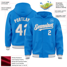 Load image into Gallery viewer, Custom Powder Blue White-Gray Bomber Full-Snap Varsity Letterman Hoodie Jacket
