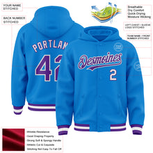 Load image into Gallery viewer, Custom Powder Blue Purple-White Bomber Full-Snap Varsity Letterman Hoodie Jacket
