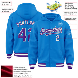 Custom Powder Blue Purple-White Bomber Full-Snap Varsity Letterman Hoodie Jacket