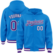 Load image into Gallery viewer, Custom Powder Blue Purple-White Bomber Full-Snap Varsity Letterman Hoodie Jacket
