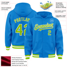 Load image into Gallery viewer, Custom Powder Blue Neon Green-White Bomber Full-Snap Varsity Letterman Hoodie Jacket
