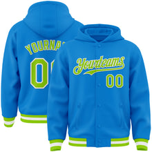 Load image into Gallery viewer, Custom Powder Blue Neon Green-White Bomber Full-Snap Varsity Letterman Hoodie Jacket
