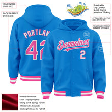 Load image into Gallery viewer, Custom Powder Blue Pink-White Bomber Full-Snap Varsity Letterman Hoodie Jacket
