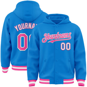 Custom Powder Blue Pink-White Bomber Full-Snap Varsity Letterman Hoodie Jacket