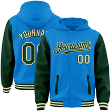 Load image into Gallery viewer, Custom Powder Blue Green-Cream Bomber Full-Snap Varsity Letterman Two Tone Hoodie Jacket
