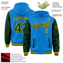 Load image into Gallery viewer, Custom Powder Blue Green-Gold Bomber Full-Snap Varsity Letterman Two Tone Hoodie Jacket
