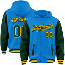 Load image into Gallery viewer, Custom Powder Blue Green-Gold Bomber Full-Snap Varsity Letterman Two Tone Hoodie Jacket
