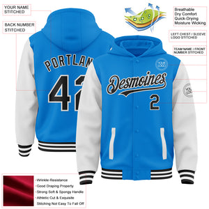 Custom Powder Blue Black-White Bomber Full-Snap Varsity Letterman Two Tone Hoodie Jacket