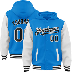 Custom Powder Blue Black-White Bomber Full-Snap Varsity Letterman Two Tone Hoodie Jacket