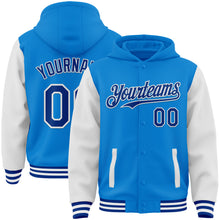 Load image into Gallery viewer, Custom Powder Blue Royal-White Bomber Full-Snap Varsity Letterman Two Tone Hoodie Jacket
