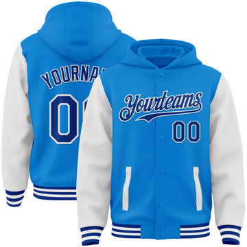 Custom Powder Blue Royal-White Bomber Full-Snap Varsity Letterman Two Tone Hoodie Jacket